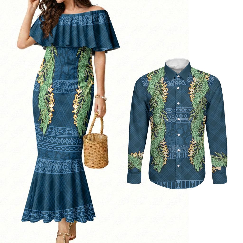 Hawai'i Paniolo Maile Twisted Lei Couples Matching Mermaid Dress and Long Sleeve Button Shirt Cobalt Blue