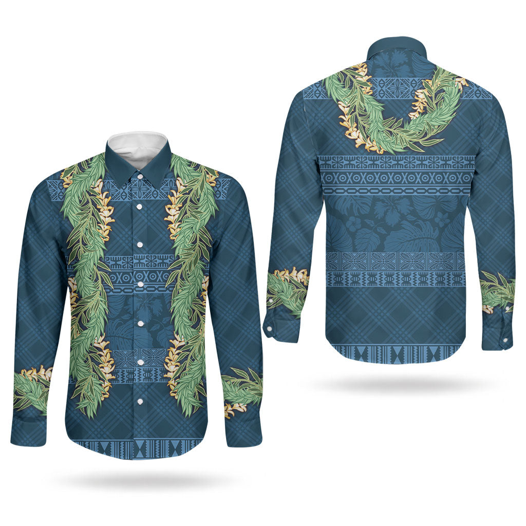 Hawai'i Paniolo Maile Twisted Lei Couples Matching Mermaid Dress and Long Sleeve Button Shirt Cobalt Blue