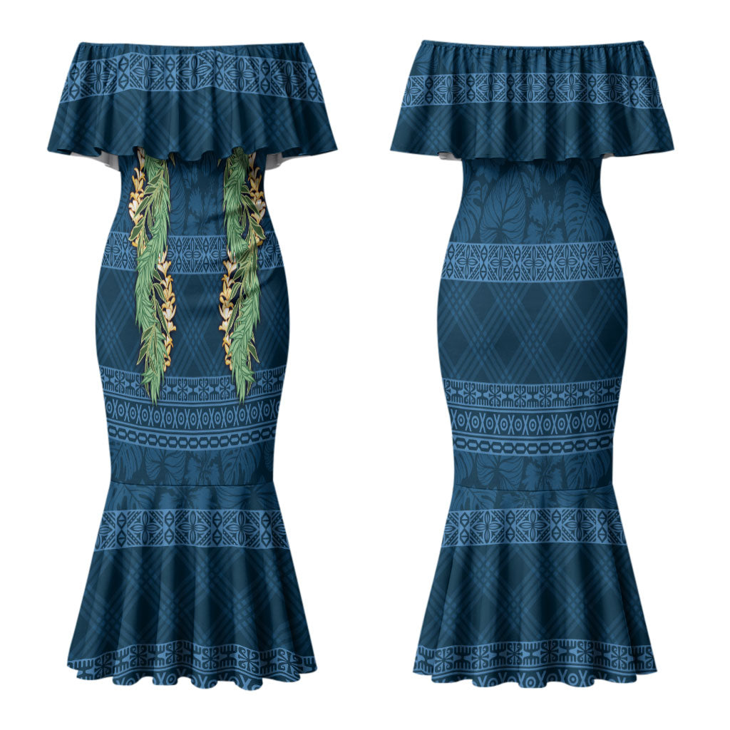 Hawai'i Paniolo Maile Twisted Lei Couples Matching Mermaid Dress and Long Sleeve Button Shirt Cobalt Blue