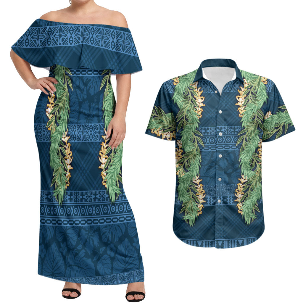 Hawai'i Paniolo Maile Twisted Lei Couples Matching Off Shoulder Maxi Dress and Hawaiian Shirt Cobalt Blue