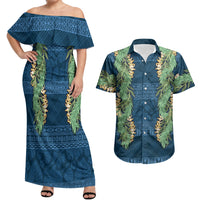 Hawai'i Paniolo Maile Twisted Lei Couples Matching Off Shoulder Maxi Dress and Hawaiian Shirt Cobalt Blue
