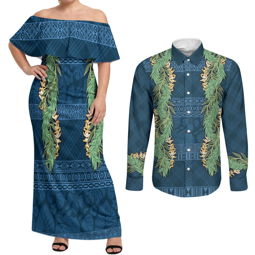 Hawai'i Paniolo Maile Twisted Lei Couples Matching Off Shoulder Maxi Dress and Long Sleeve Button Shirt Cobalt Blue LT7 Cobalt Blue - Polynesian Pride