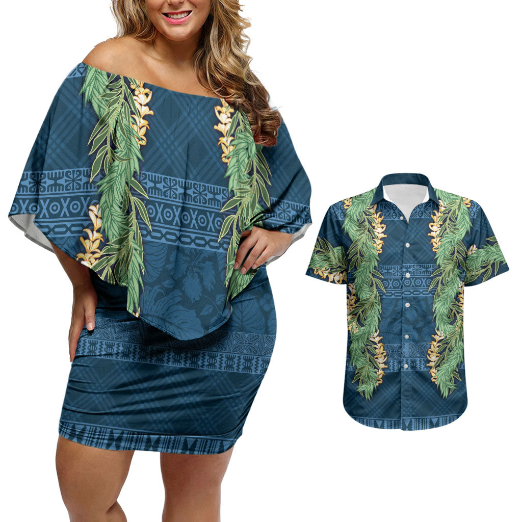 Hawai'i Paniolo Maile Twisted Lei Couples Matching Off Shoulder Short Dress and Hawaiian Shirt Cobalt Blue