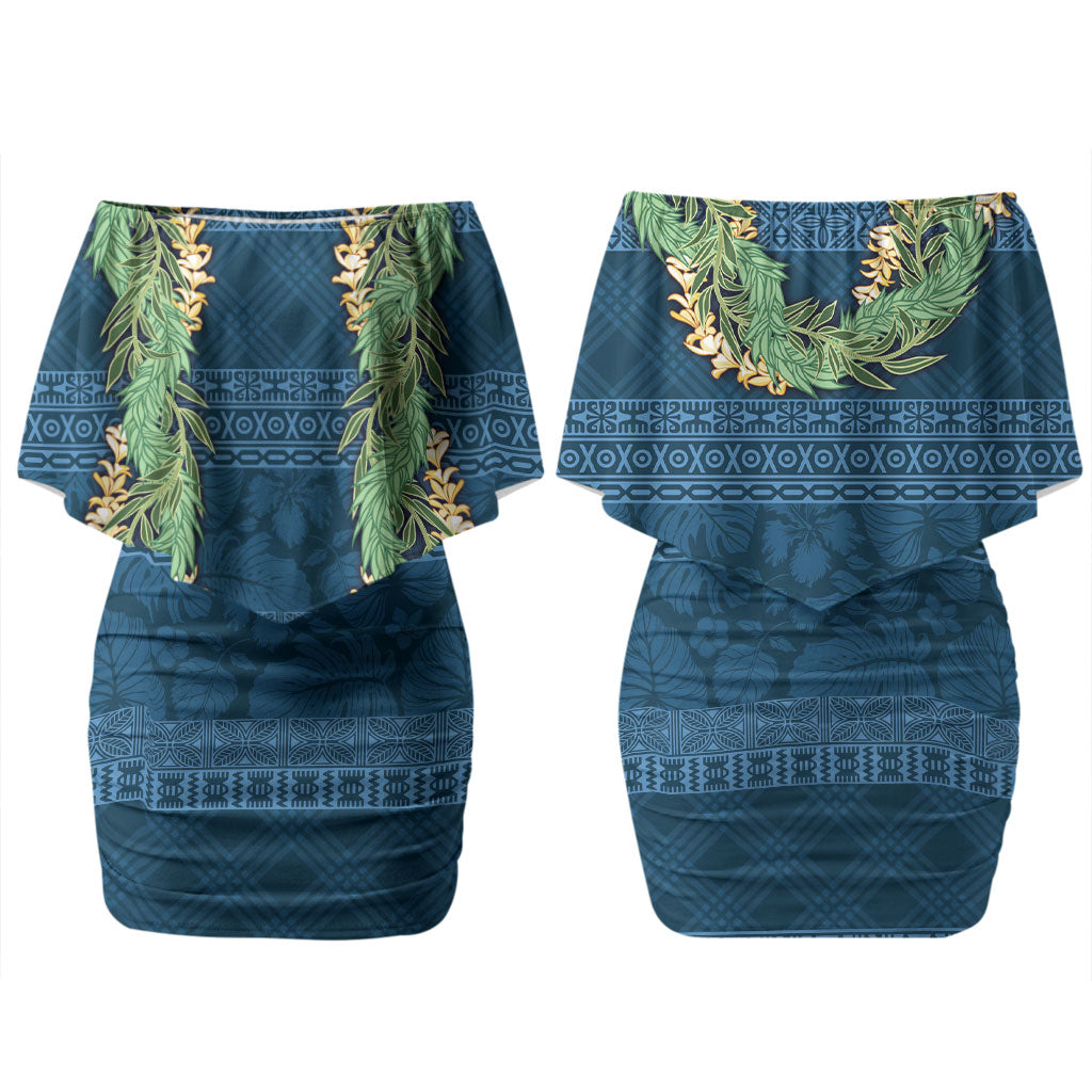 Hawai'i Paniolo Maile Twisted Lei Couples Matching Off Shoulder Short Dress and Hawaiian Shirt Cobalt Blue