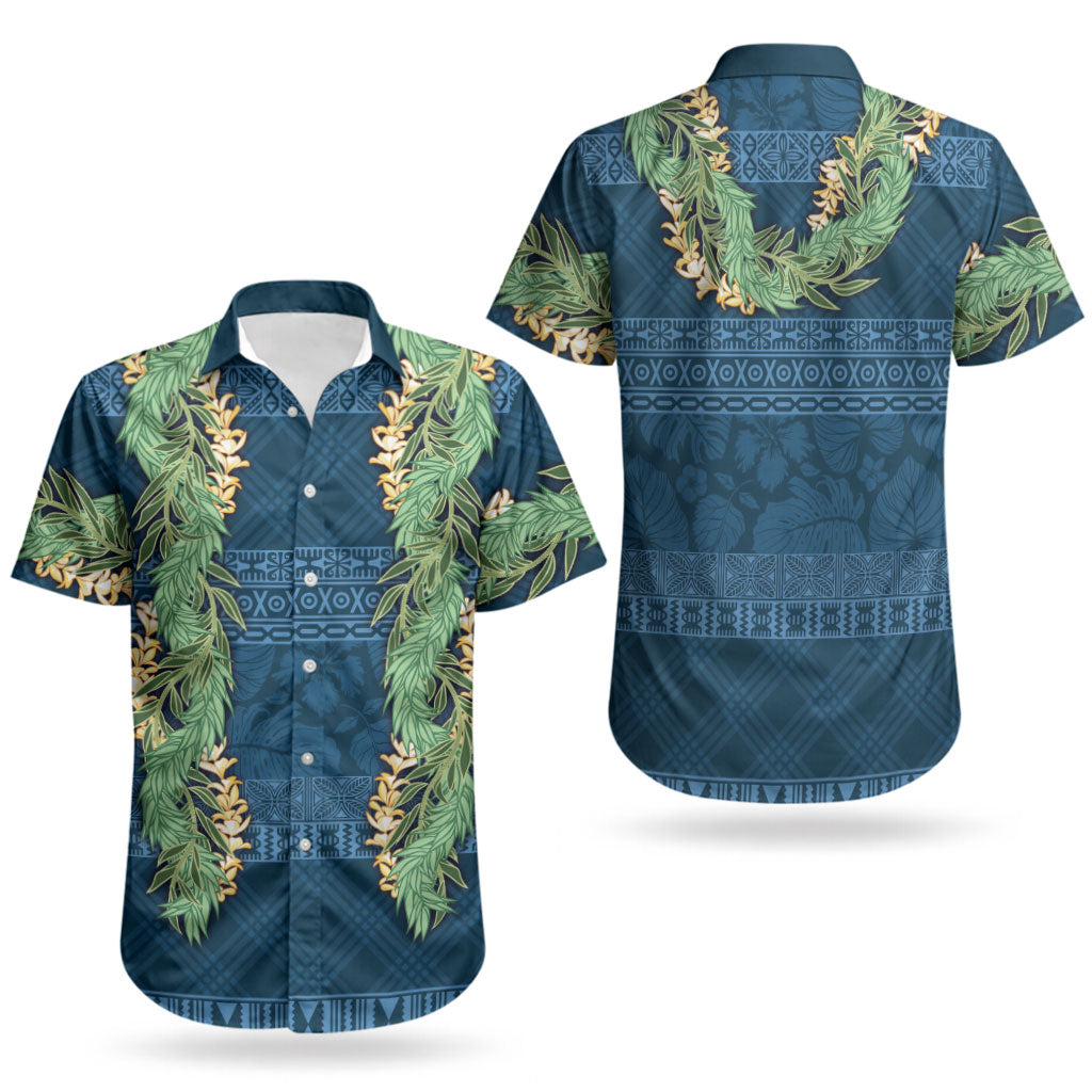 Hawai'i Paniolo Maile Twisted Lei Couples Matching Off Shoulder Short Dress and Hawaiian Shirt Cobalt Blue