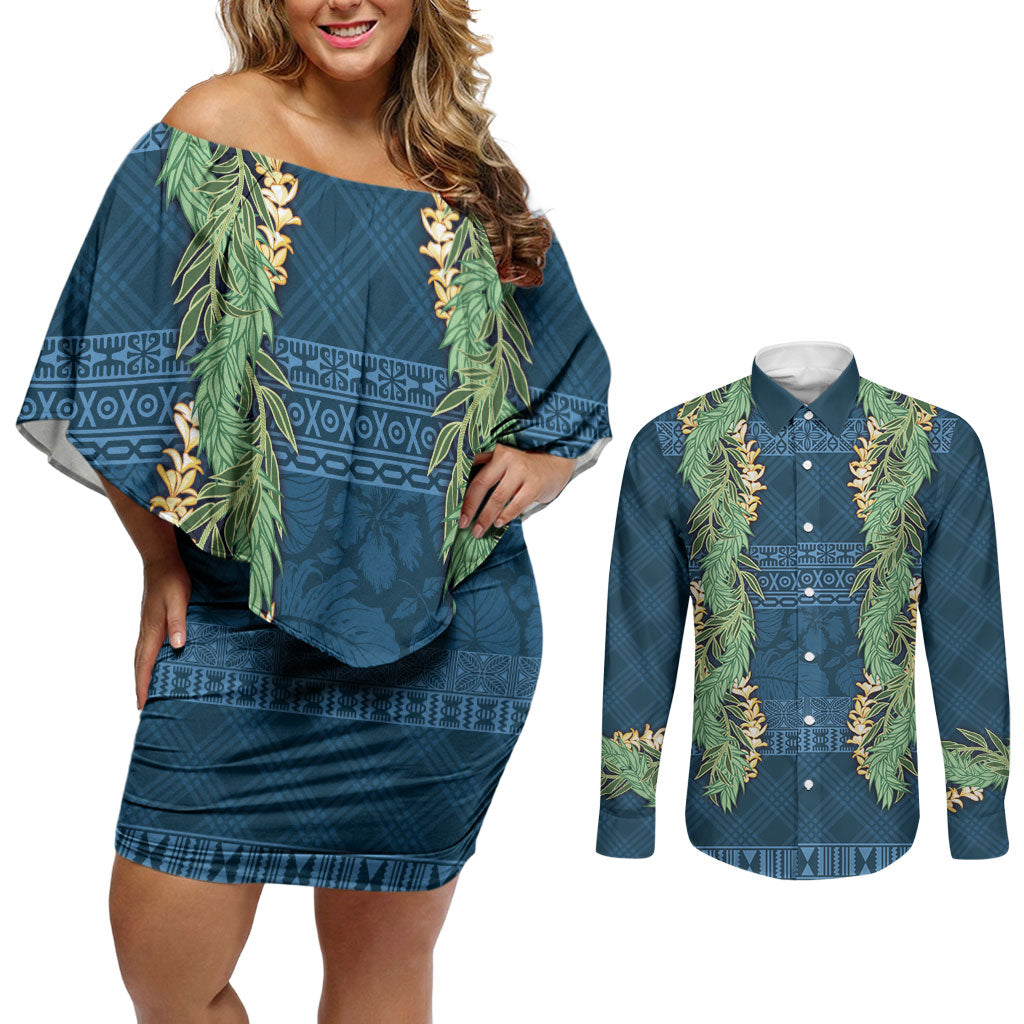 Hawai'i Paniolo Maile Twisted Lei Couples Matching Off Shoulder Short Dress and Long Sleeve Button Shirt Cobalt Blue