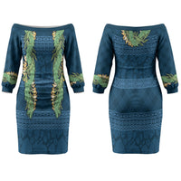Hawai'i Paniolo Maile Twisted Lei Couples Matching Off The Shoulder Long Sleeve Dress and Hawaiian Shirt Cobalt Blue