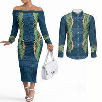 Hawai'i Paniolo Maile Twisted Lei Couples Matching Off The Shoulder Long Sleeve Dress and Long Sleeve Button Shirt Cobalt Blue