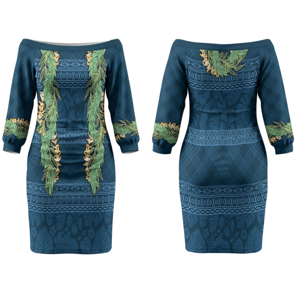 Hawai'i Paniolo Maile Twisted Lei Couples Matching Off The Shoulder Long Sleeve Dress and Long Sleeve Button Shirt Cobalt Blue