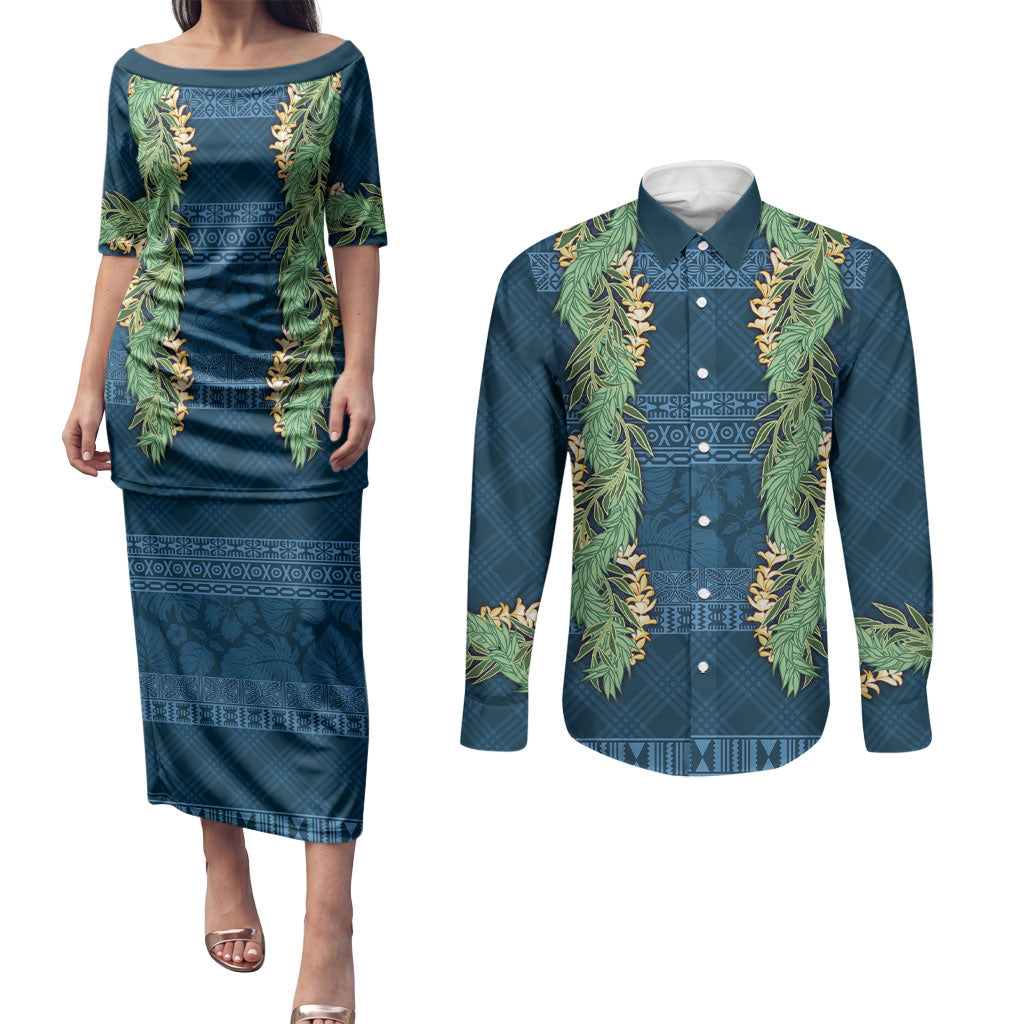 Hawai'i Paniolo Maile Twisted Lei Couples Matching Puletasi and Long Sleeve Button Shirt Cobalt Blue