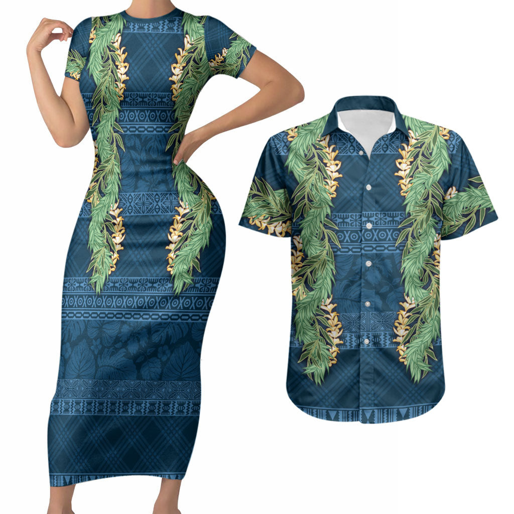 Hawai'i Paniolo Maile Twisted Lei Couples Matching Short Sleeve Bodycon Dress and Hawaiian Shirt Cobalt Blue