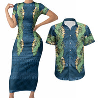 Hawai'i Paniolo Maile Twisted Lei Couples Matching Short Sleeve Bodycon Dress and Hawaiian Shirt Cobalt Blue