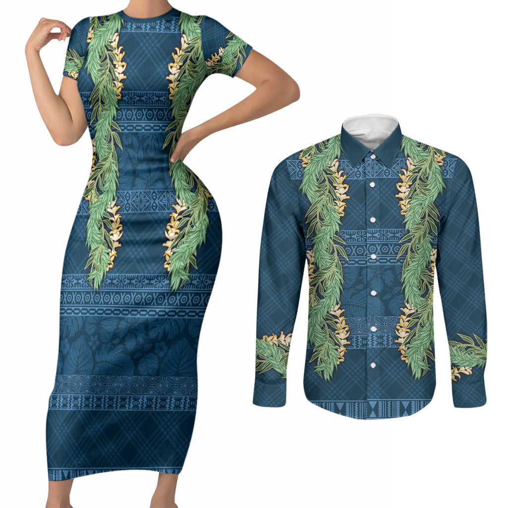 Hawai'i Paniolo Maile Twisted Lei Couples Matching Short Sleeve Bodycon Dress and Long Sleeve Button Shirt Cobalt Blue