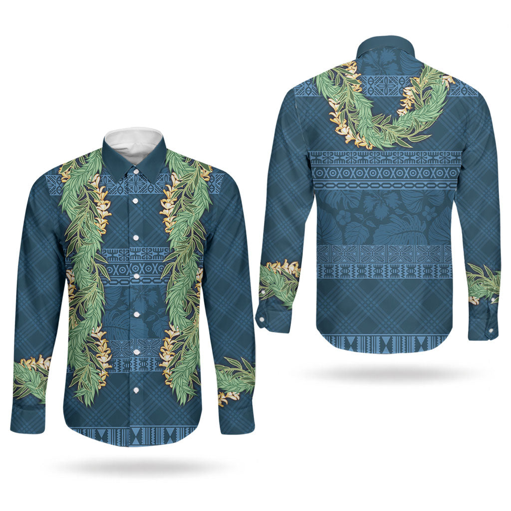 Hawai'i Paniolo Maile Twisted Lei Couples Matching Short Sleeve Bodycon Dress and Long Sleeve Button Shirt Cobalt Blue