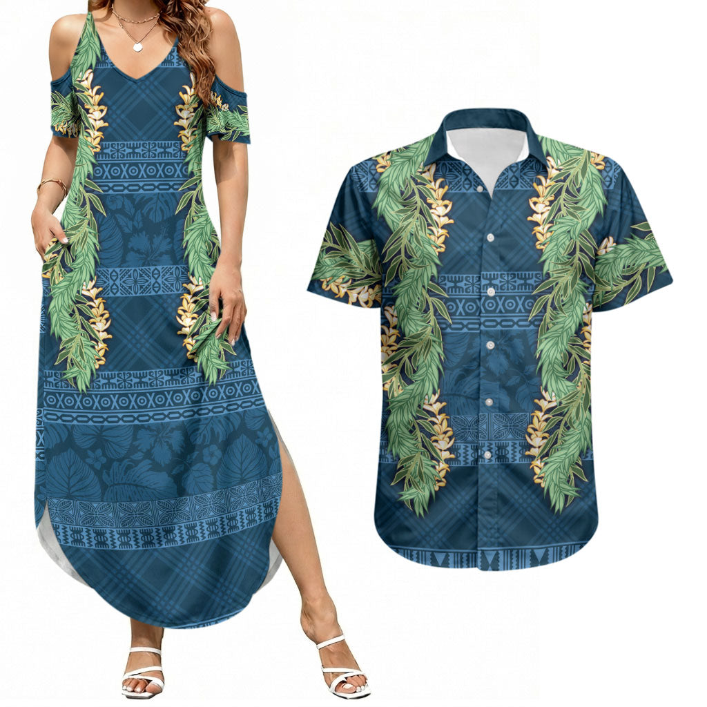 Hawai'i Paniolo Maile Twisted Lei Couples Matching Summer Maxi Dress and Hawaiian Shirt Cobalt Blue