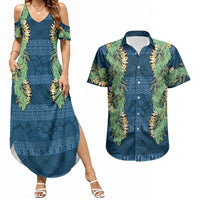 Hawai'i Paniolo Maile Twisted Lei Couples Matching Summer Maxi Dress and Hawaiian Shirt Cobalt Blue