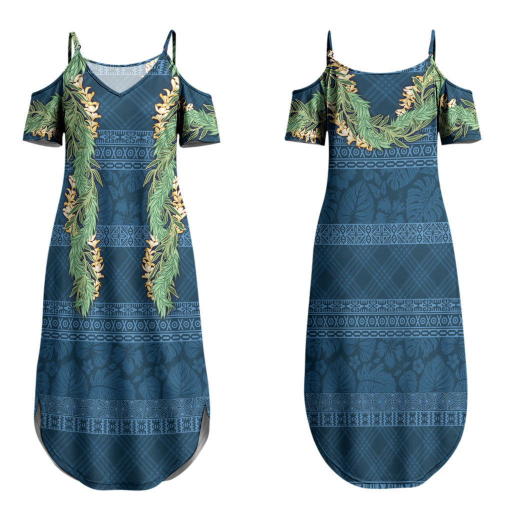 Hawai'i Paniolo Maile Twisted Lei Couples Matching Summer Maxi Dress and Hawaiian Shirt Cobalt Blue
