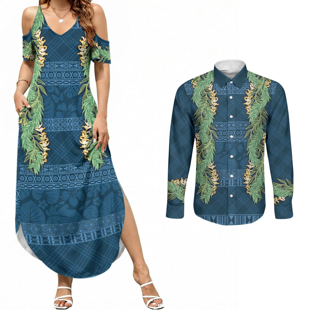 Hawai'i Paniolo Maile Twisted Lei Couples Matching Summer Maxi Dress and Long Sleeve Button Shirt Cobalt Blue