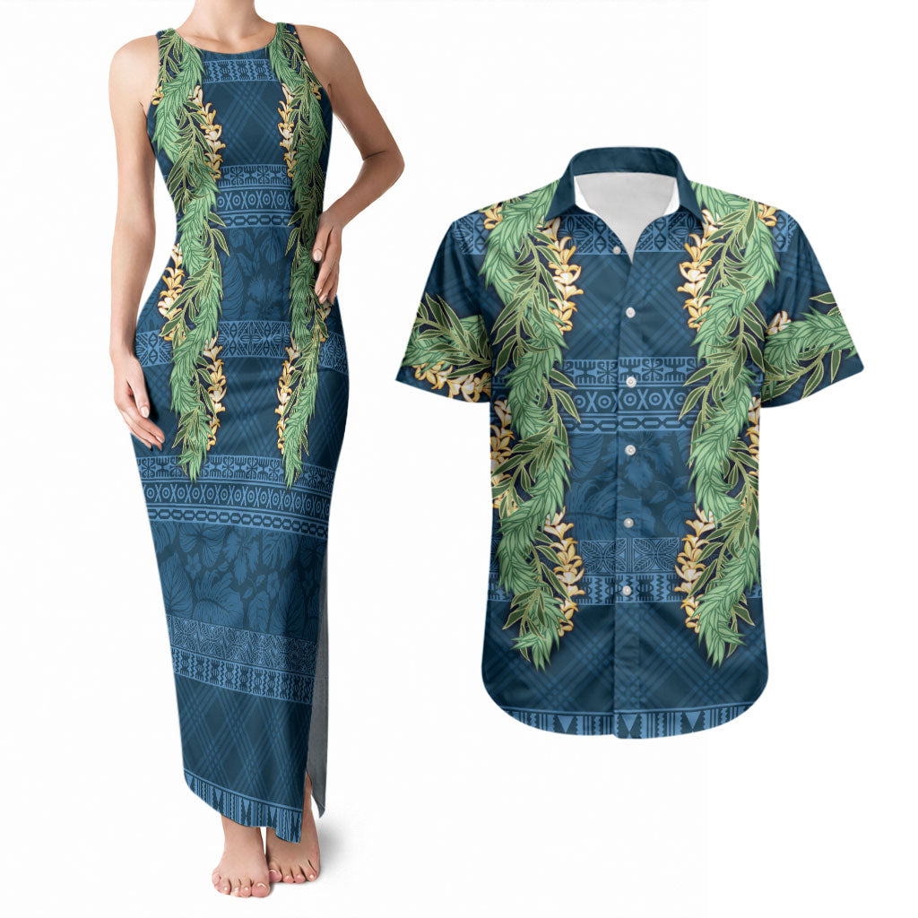 Hawai'i Paniolo Maile Twisted Lei Couples Matching Tank Maxi Dress and Hawaiian Shirt Cobalt Blue