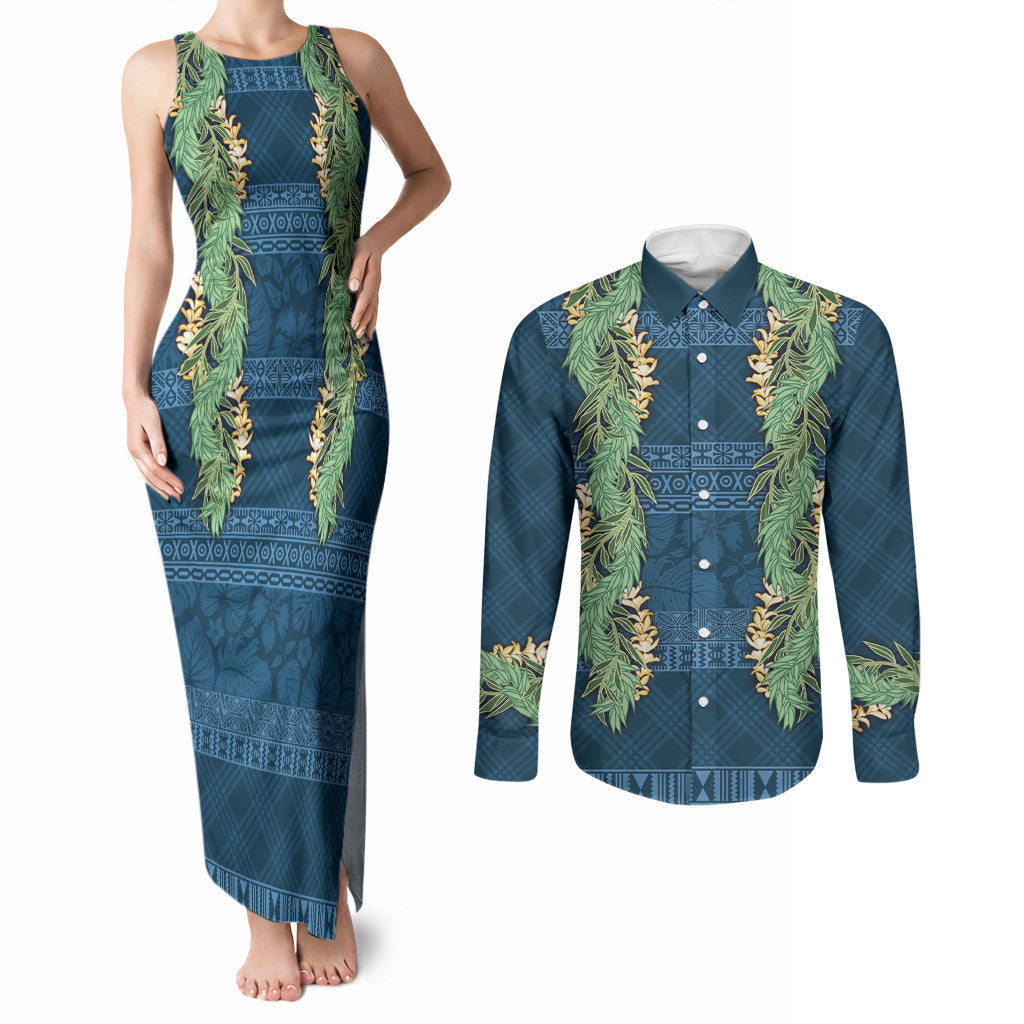 Hawai'i Paniolo Maile Twisted Lei Couples Matching Tank Maxi Dress and Long Sleeve Button Shirt Cobalt Blue