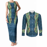 Hawai'i Paniolo Maile Twisted Lei Couples Matching Tank Maxi Dress and Long Sleeve Button Shirt Cobalt Blue