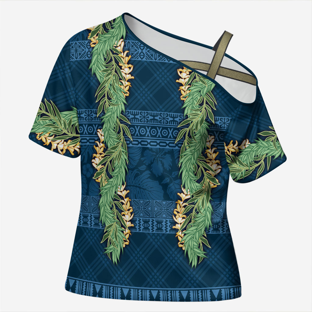 Hawai'i Paniolo Maile Twisted Lei Cross Shoulder Shirt Cobalt Blue LT7 Female Cobalt Blue - Polynesian Pride