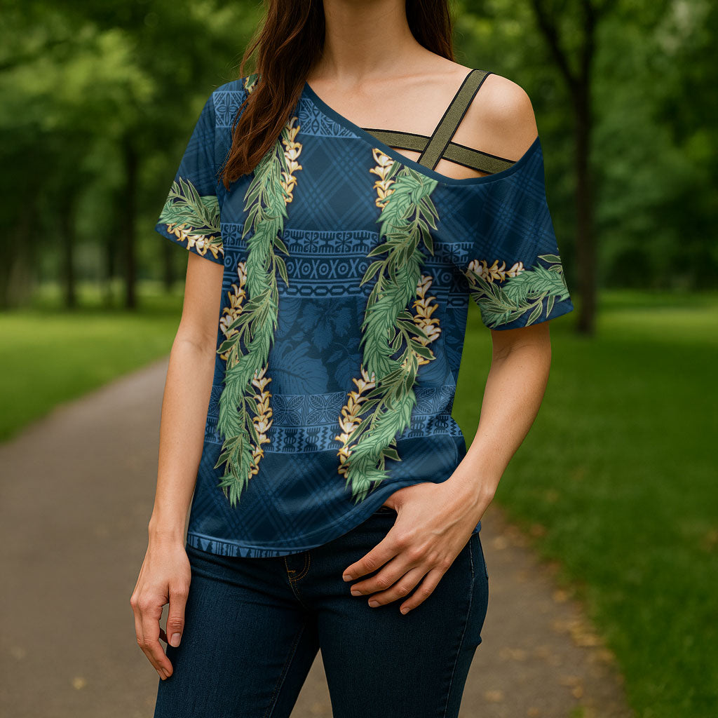 Hawai'i Paniolo Maile Twisted Lei Cross Shoulder Shirt Cobalt Blue LT7 - Polynesian Pride