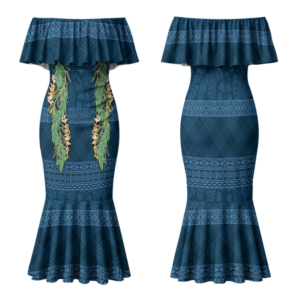 Hawai'i Paniolo Maile Twisted Lei Family Matching Mermaid Dress and Hawaiian Shirt Cobalt Blue