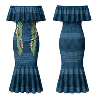 Hawai'i Paniolo Maile Twisted Lei Family Matching Mermaid Dress and Hawaiian Shirt Cobalt Blue
