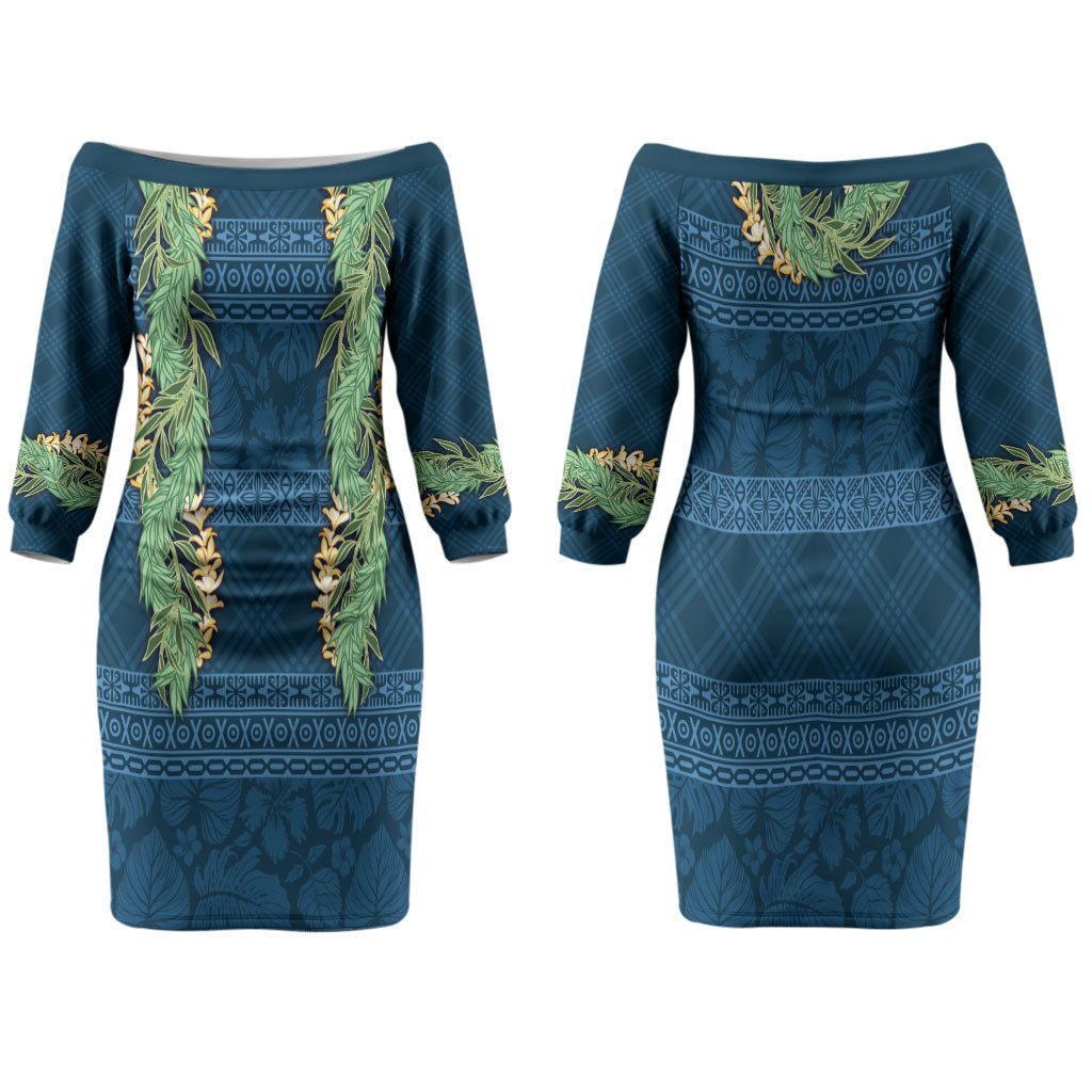 Hawai'i Paniolo Maile Twisted Lei Family Matching Off The Shoulder Long Sleeve Dress and Hawaiian Shirt Cobalt Blue