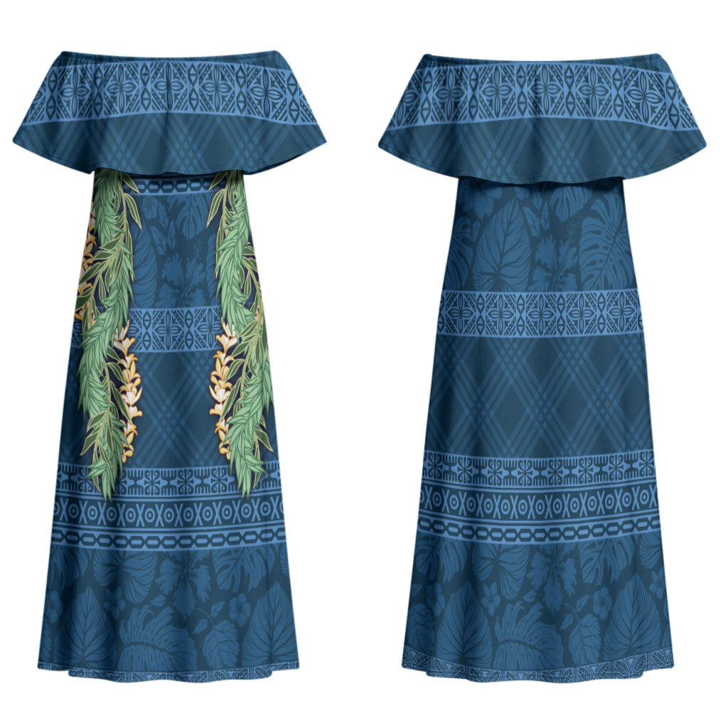 Hawai'i Paniolo Maile Twisted Lei Family Matching Off Shoulder Maxi Dress and Hawaiian Shirt Cobalt Blue