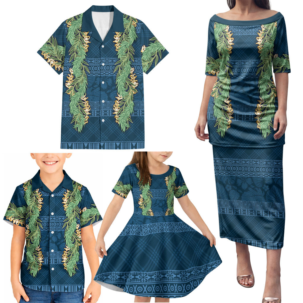 Hawai'i Paniolo Maile Twisted Lei Family Matching Puletasi and Hawaiian Shirt Cobalt Blue LT7 - Polynesian Pride