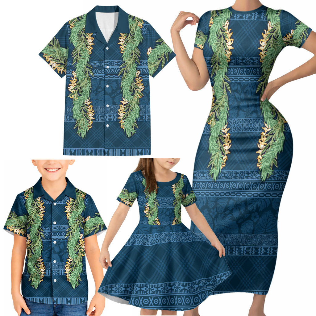 Hawai'i Paniolo Maile Twisted Lei Family Matching Short Sleeve Bodycon Dress and Hawaiian Shirt Cobalt Blue
