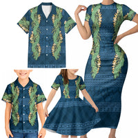 Hawai'i Paniolo Maile Twisted Lei Family Matching Short Sleeve Bodycon Dress and Hawaiian Shirt Cobalt Blue
