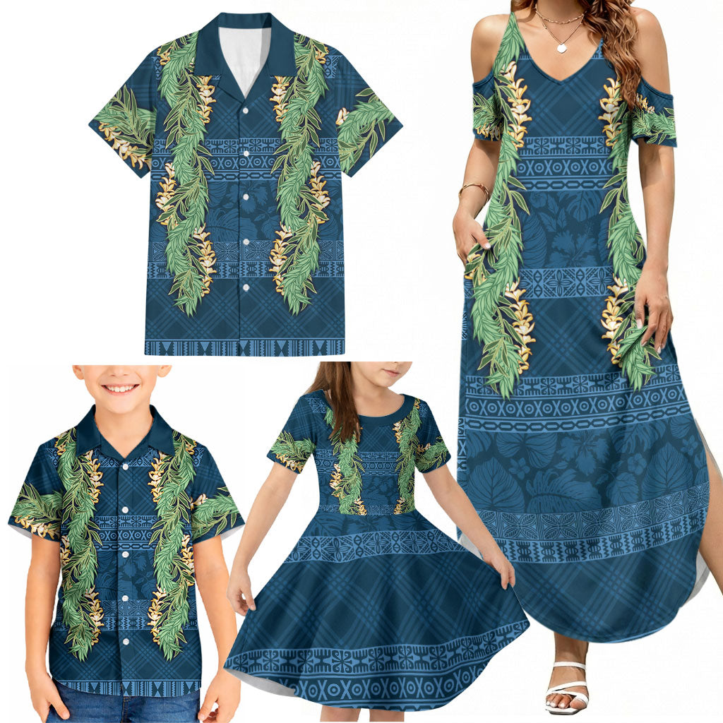 Hawai'i Paniolo Maile Twisted Lei Family Matching Summer Maxi Dress and Hawaiian Shirt Cobalt Blue