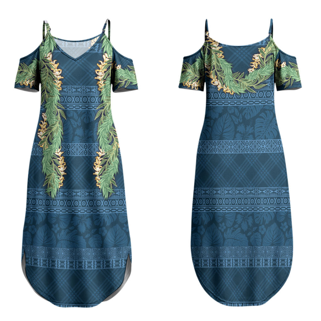Hawai'i Paniolo Maile Twisted Lei Family Matching Summer Maxi Dress and Hawaiian Shirt Cobalt Blue