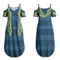 Hawai'i Paniolo Maile Twisted Lei Family Matching Summer Maxi Dress and Hawaiian Shirt Cobalt Blue
