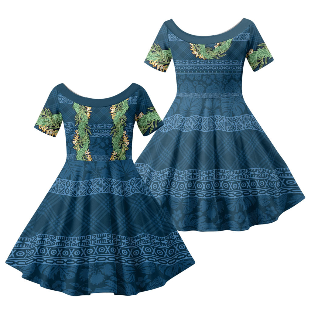 Hawai'i Paniolo Maile Twisted Lei Family Matching Summer Maxi Dress and Hawaiian Shirt Cobalt Blue