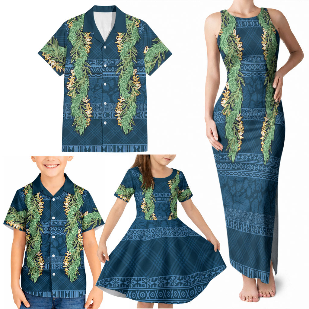 Hawai'i Paniolo Maile Twisted Lei Family Matching Tank Maxi Dress and Hawaiian Shirt Cobalt Blue LT7 - Polynesian Pride