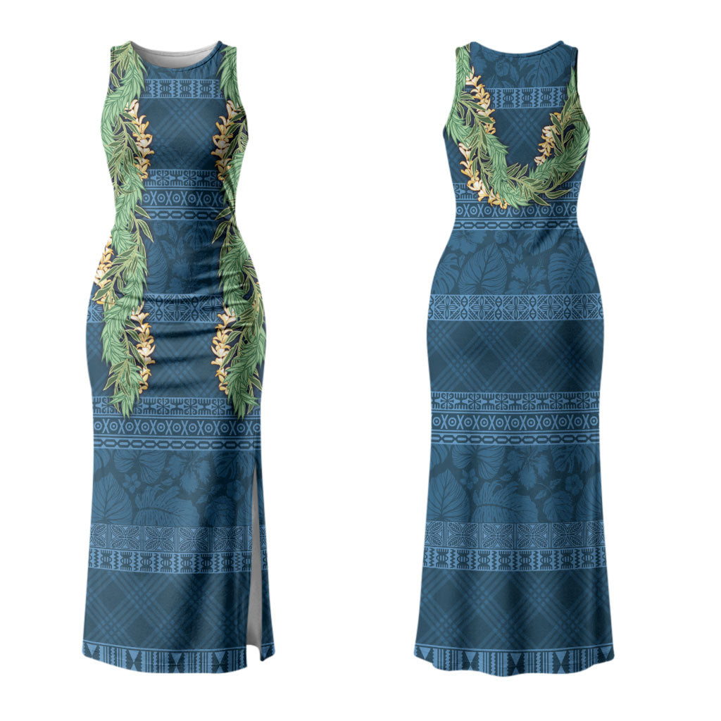 Hawai'i Paniolo Maile Twisted Lei Family Matching Tank Maxi Dress and Hawaiian Shirt Cobalt Blue