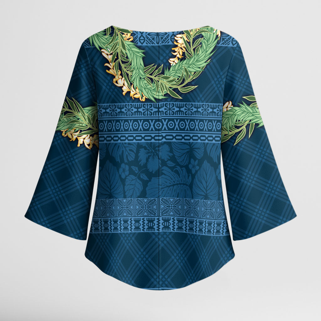 Hawai'i Paniolo Maile Twisted Lei Kimono Sleeve Blouse Cobalt Blue LT7 - Polynesian Pride