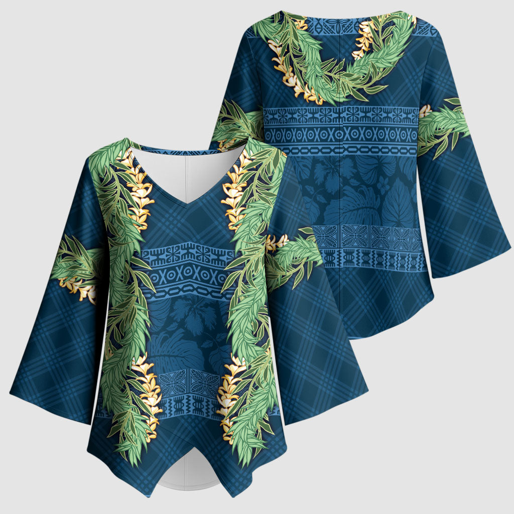 Hawai'i Paniolo Maile Twisted Lei Kimono Sleeve Blouse Cobalt Blue LT7 - Polynesian Pride