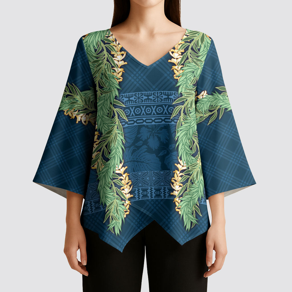 Hawai'i Paniolo Maile Twisted Lei Kimono Sleeve Blouse Cobalt Blue LT7 - Polynesian Pride