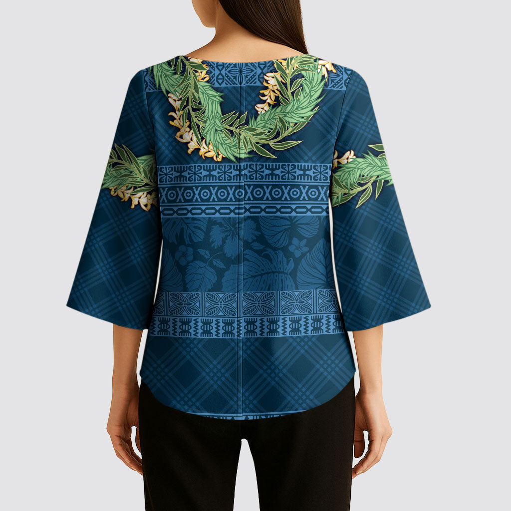 Hawai'i Paniolo Maile Twisted Lei Kimono Sleeve Blouse Cobalt Blue LT7 - Polynesian Pride