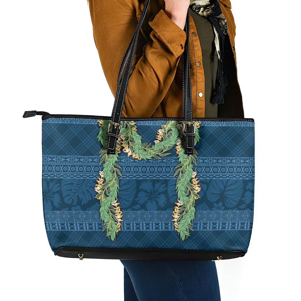 Hawai'i Paniolo Maile Twisted Lei Leather Tote Bag Cobalt Blue LT7 - Polynesian Pride