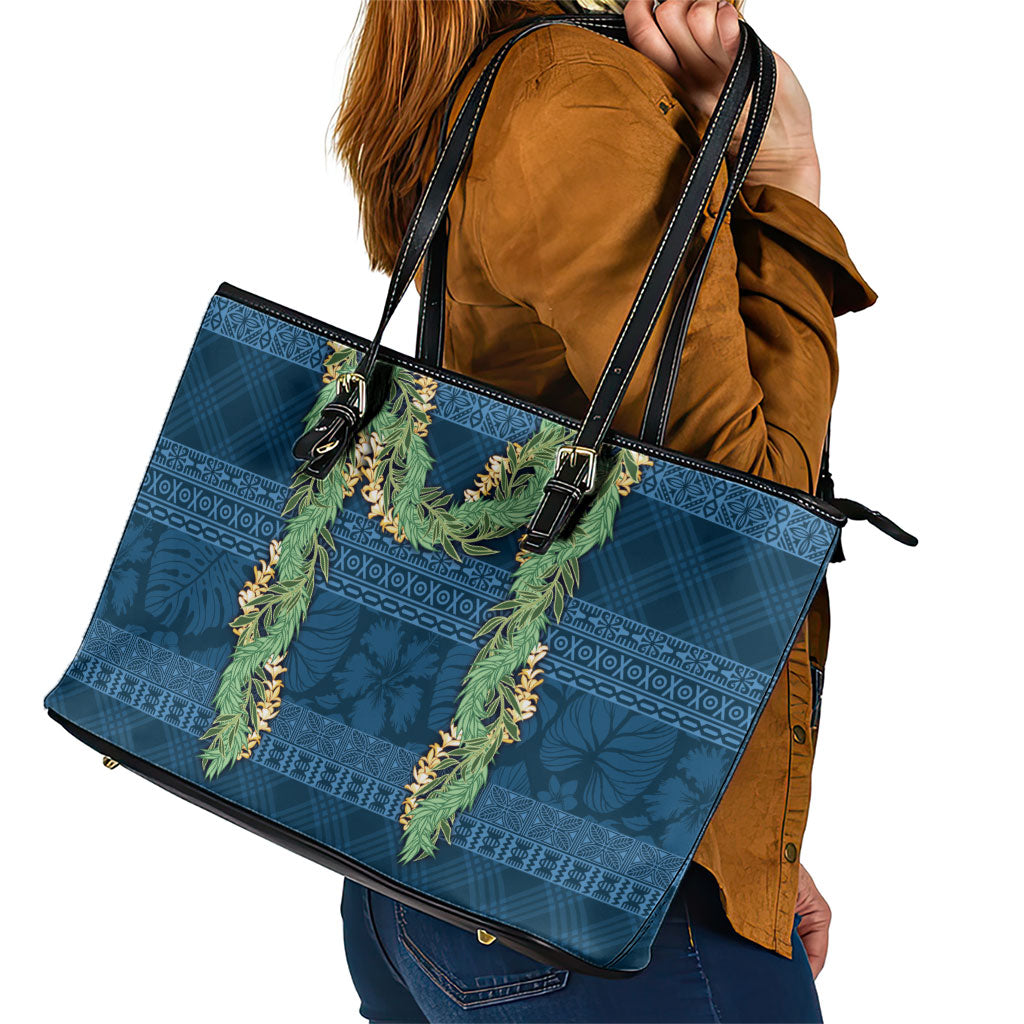 Hawai'i Paniolo Maile Twisted Lei Leather Tote Bag Cobalt Blue LT7 - Polynesian Pride