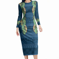 Hawai'i Paniolo Maile Twisted Lei Long Sleeve Bodycon Dress Cobalt Blue