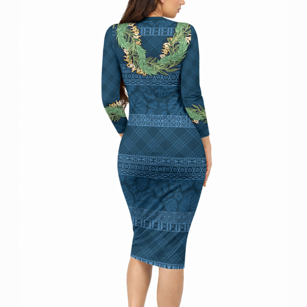 Hawai'i Paniolo Maile Twisted Lei Long Sleeve Bodycon Dress Cobalt Blue