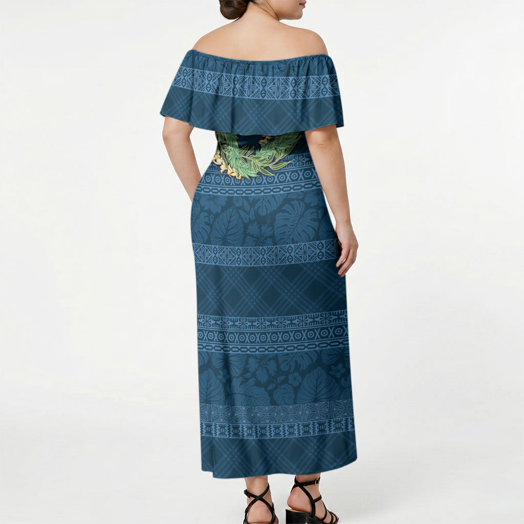 Hawai'i Paniolo Maile Twisted Lei Off Shoulder Maxi Dress Cobalt Blue