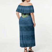 Hawai'i Paniolo Maile Twisted Lei Off Shoulder Maxi Dress Cobalt Blue